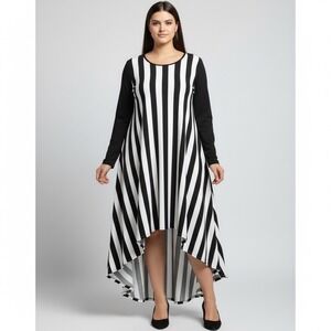Serafina High Low Hem Dress Women Plus 2XL Black White Stripe Long Sleeve Church